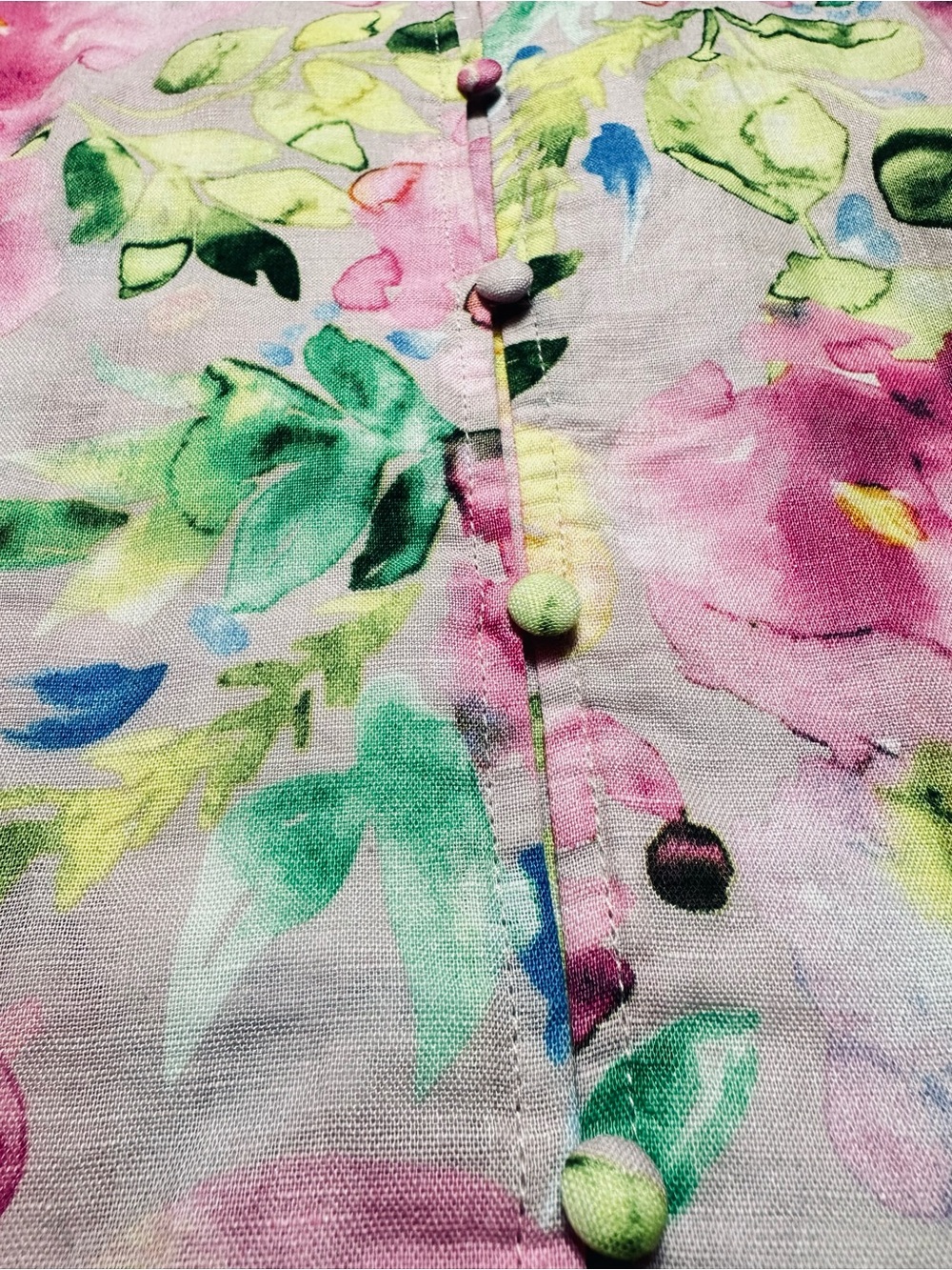 Linen Cotton Floral Blouse S Watercolor Cottagecore Romantic Boho Top - Picture 7 of 10